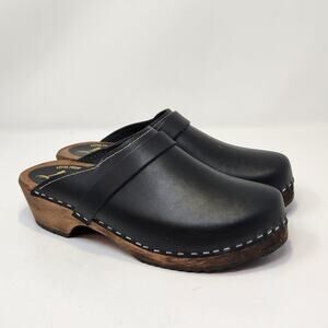 Lotta From Stockholm Wooden Clogs Women Size 38 US 7 Black Leather Slip On Shoes